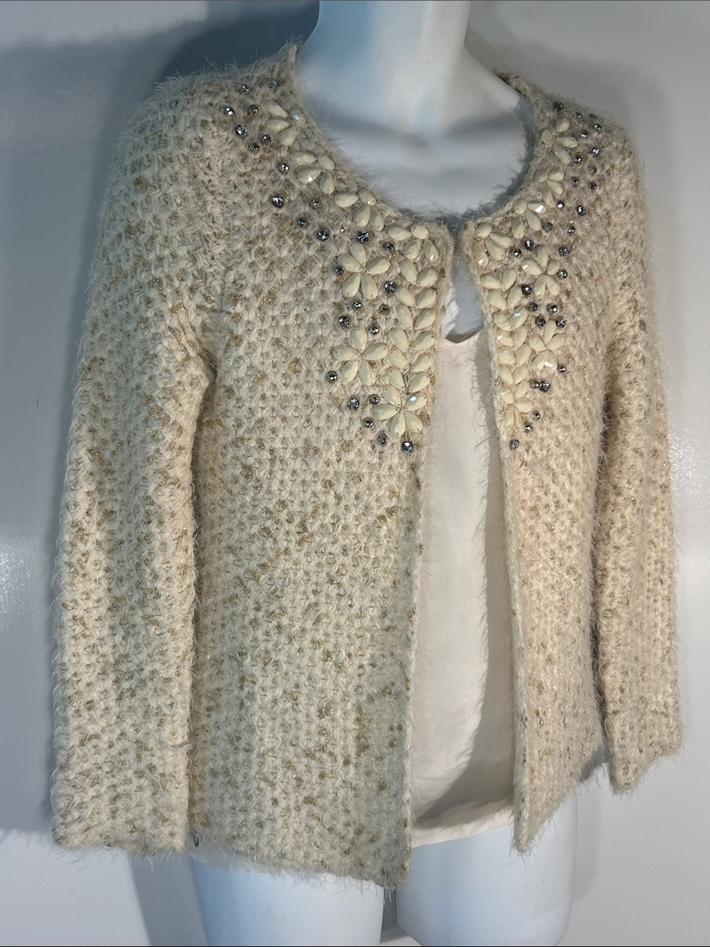 Chunky Cream Beaded Open Cardigan Sweater Dressy Formal Chic MOB Party Feminine